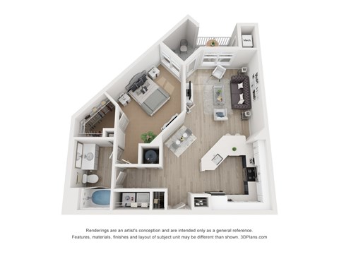 Floor plan for 1 bed, 1 bath, 799 sqft